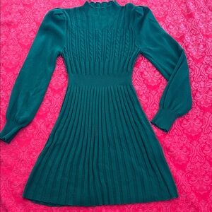 Shein Green Sweater Dress Size L Puff Sleeve Cable Knit Elegant Knit Dress
